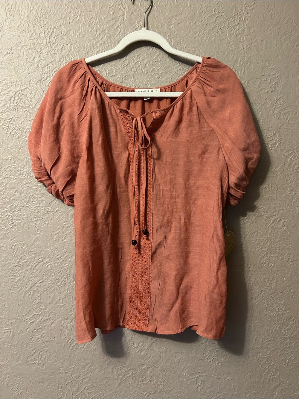 Parallel Skies Coral Tie-Neck Peasant Blouse